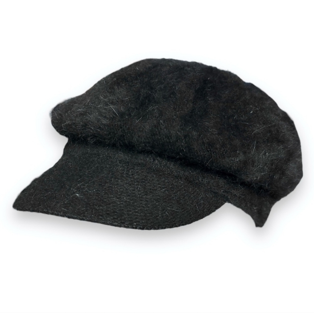 VINTAGE Black Angora Wool Blend Newsboy Captains Hat